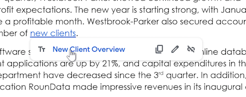 A cursor hovers over a link for the New Client Overview heading. A cursor hovers over a link for the New Client Overview heading.